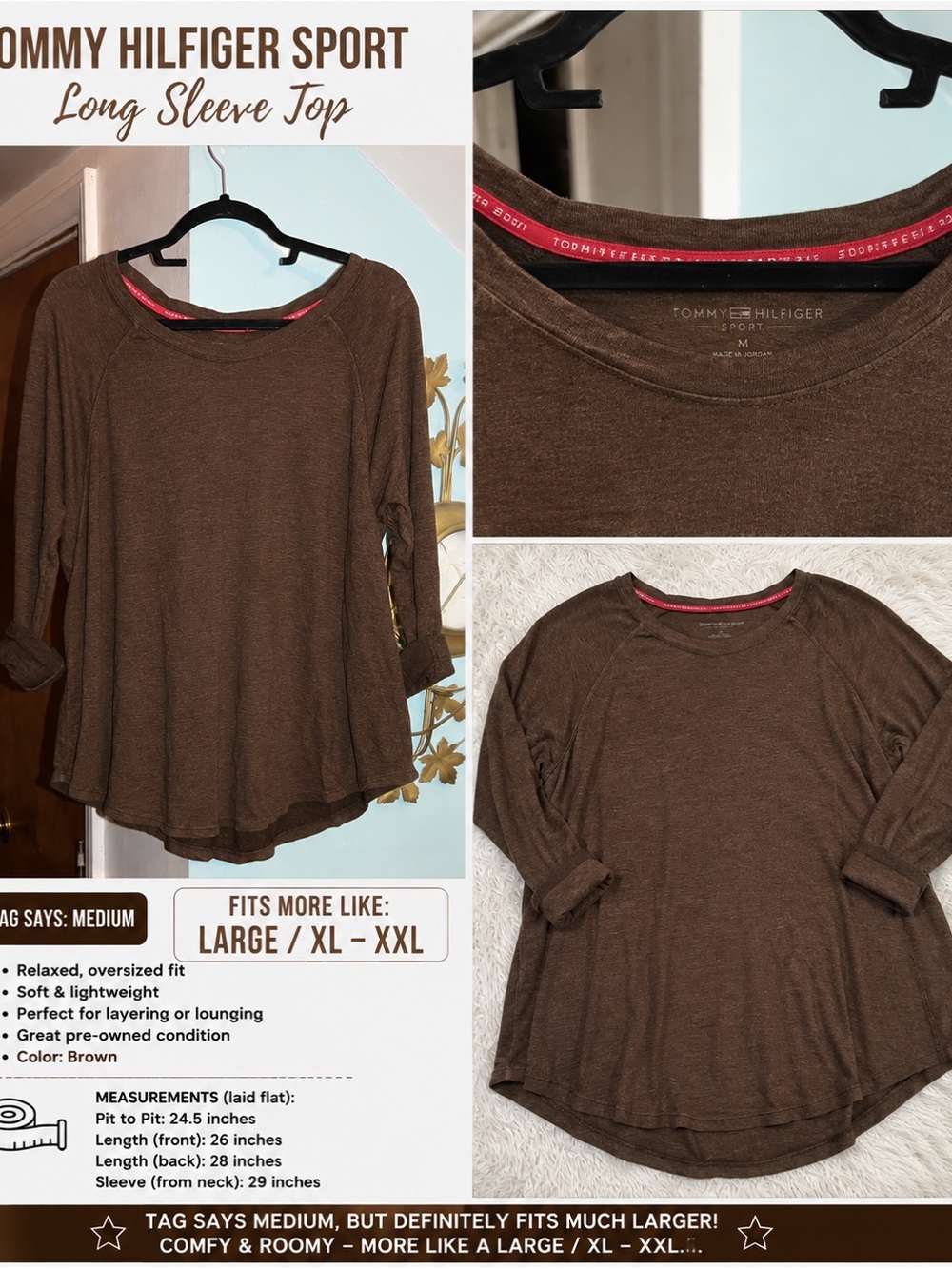 NWT Tommy Hilfiger Brown Crewneck Sports Sweater Long Sleeve Tee
